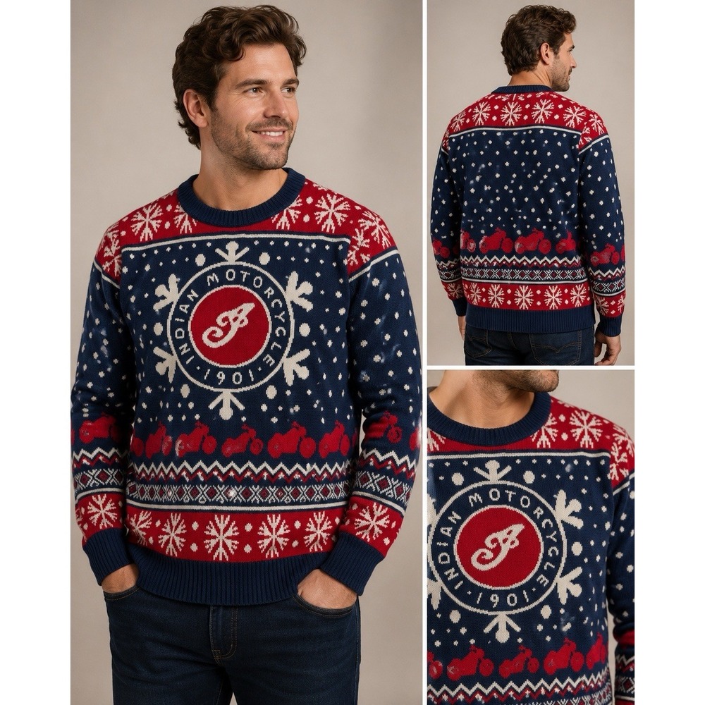 Indian Motorcycle Ugly Christmas Sweater Men's Small Knit Holiday Snowflake Bike